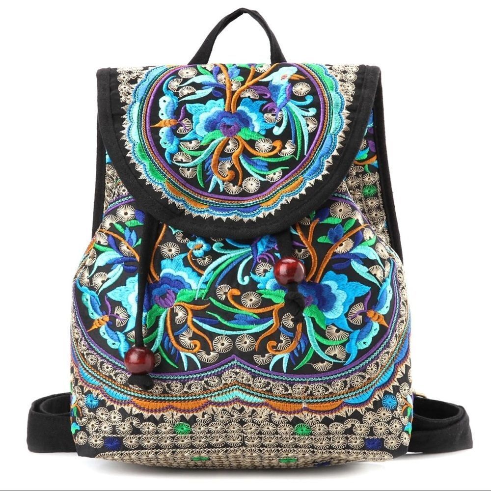 Goodhan Embroidered Bohemian Canvas Backpack Purse Blue/Purple Floral EUC